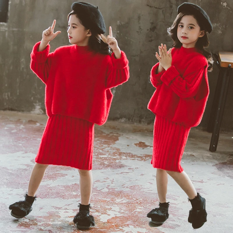 Новогодняя зимняя Рождественская Одежда для девочек плотное платье+ жилет, комплект из 2 предметов, одежда для девочек-подростков детская одежда - Цвет: Красный