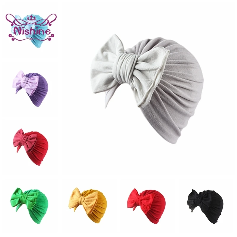 

Nishine 17*19 CM Solid Color Polyester Cotton Baby Girl Indian Hat Cute Handmade Bowknot Infant Cap Hair Accessories Photo Props
