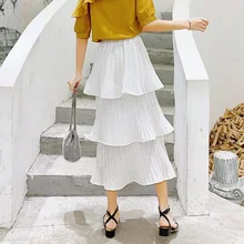 Новейшая женская повседневная юбка средней длины с высокой талией, однотонная плиссированная юбка-торт, женская элегантная Свободная юбка