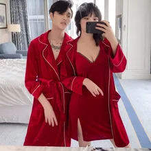 Осеннее женское свадебное платье с длинными рукавами, Золотое бархатное подвешивание для пары, Мужская Ночная рубашка, комплект из двух предметов, Женская домашняя одежда