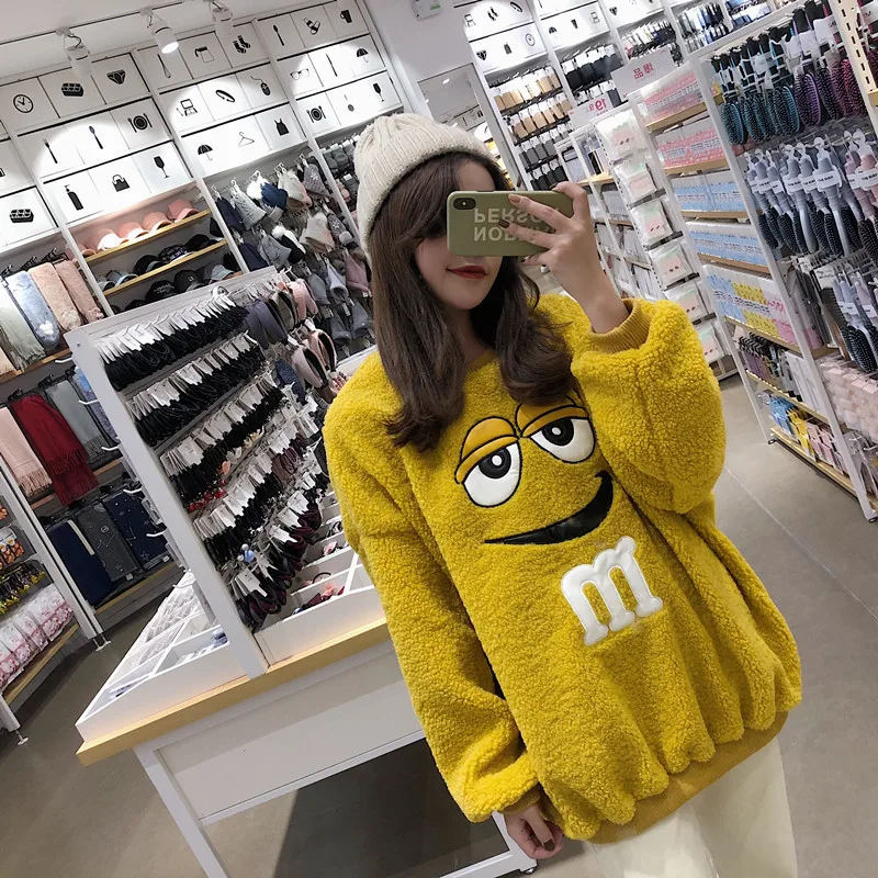 Cartoon Plush Hoodie New Style Women's Autumn And Winter Korean-style Loose-Fit Students Thick Embroidery Warm fang yang gao Swe