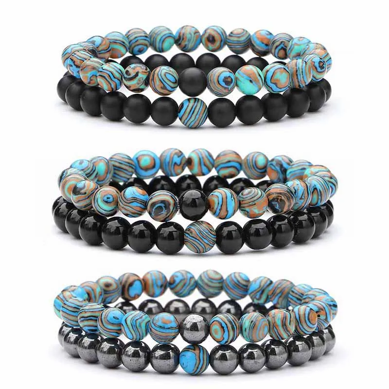 

2 Pieces/set of Natural Stone Bracelet Couple Classic Black Matte Blue Malachite Bracelet, Suitable for Men and Women Best Gift
