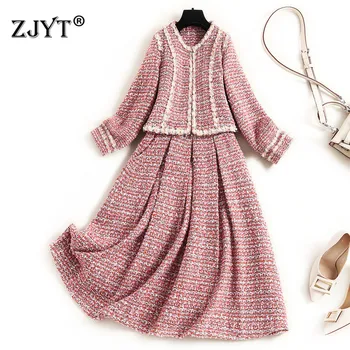 

High Quality Autumn Winter Runway Designer Fashion Long Sleeve Pearls Vintage Tweed Woolen Jacket and Dress 2 Piece Suits