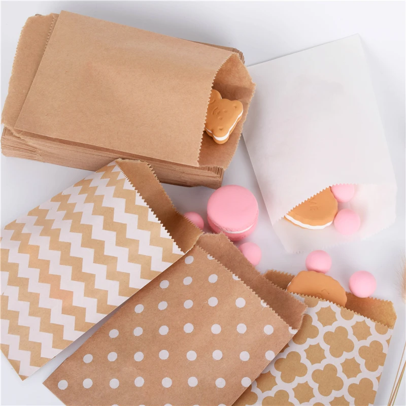 50pcs Kraft Paper Bag Candy Biscuit Popcorn Bags Brown White Wave Dot Packing Pouch Pastry Tool Wrapping Wedding Party Supplies