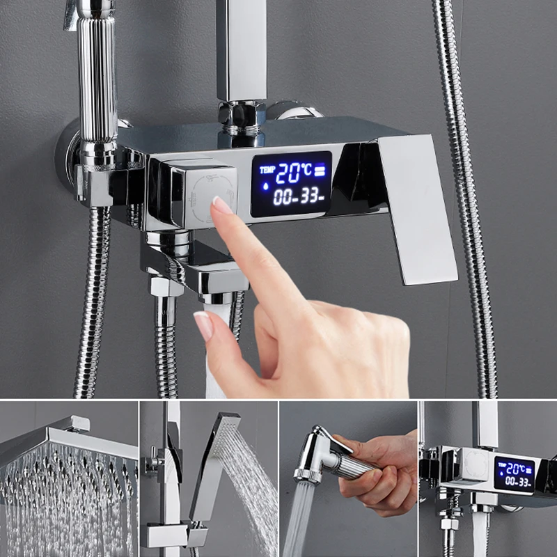 LED Digital Shower Set Chrome Bathroom Faucets Thermostatic Shower Mixer System SPA Rainfall Hot Cold Bath Tap Wall Mount Grifos