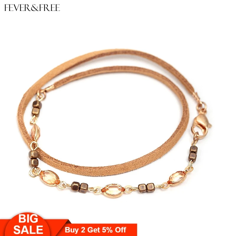 

Fever&Free Fashion Jewelry For Women 2 Layers Suede Beads Bracelet Bransoletki Damskie Vintage Bohemian Rope Chain Charm Bangles