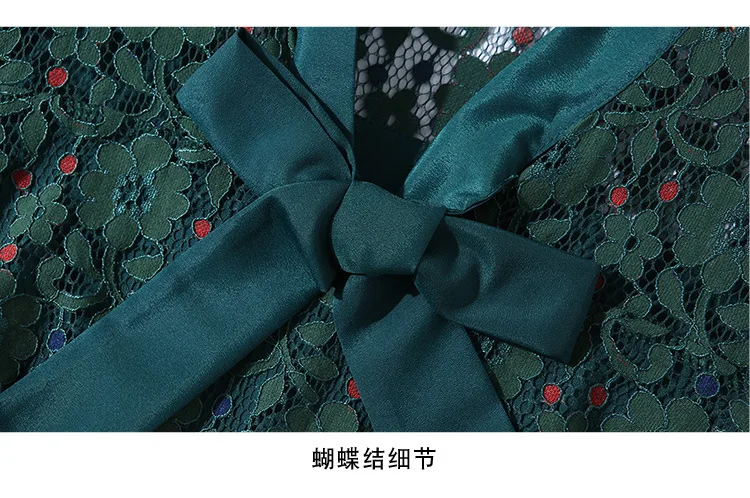 S-xxl весенне-осеннее женское платье в красный горошек зеленое кружевное платье воротник лента бант выше колена винтажное элегантное модное ТРАПЕЦИЕВИДНОЕ зеленое платье