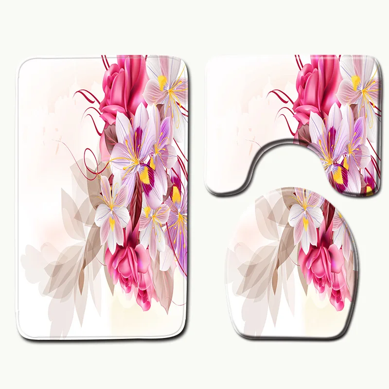 Zeegle Flower 3 шт набор ковриков для ванной, коврик для унитаза, нескользящий мягкий коврик для ног, напольные ковры, покрывало для унитаза, коврик для унитаза, набор для унитаза
