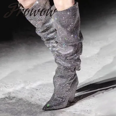 

Prowow New Crystal Beading Sexy Pointed Toe Knee HIgh Boots Slip On Spikle HIgh Heel Boots Shoes Women