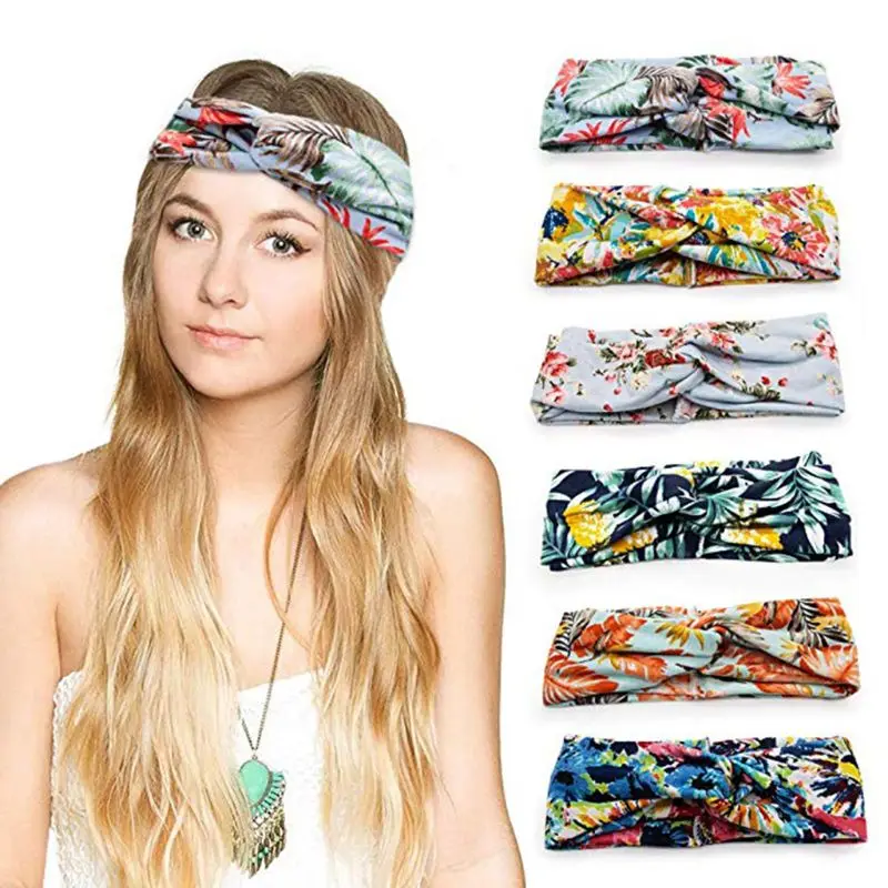 6Pcs/Set Women Girls Wide Headband Bohemian Colorful Tropical Floral Print Hairband Criss Cross Knotted Sports Makeup Headwrap