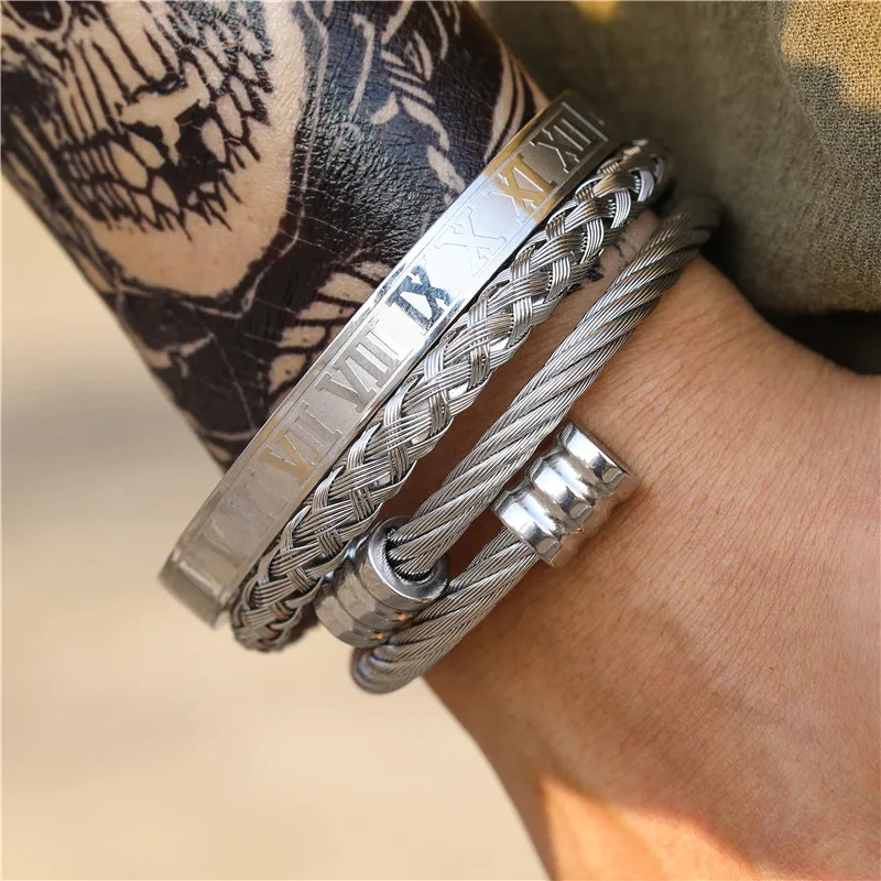 3Pcs/Set Gold Silver Color stainless steel Braided bracelet, Roman numeral dark punk heavy metal bracelet For Men Women Gift bracelet jewelry