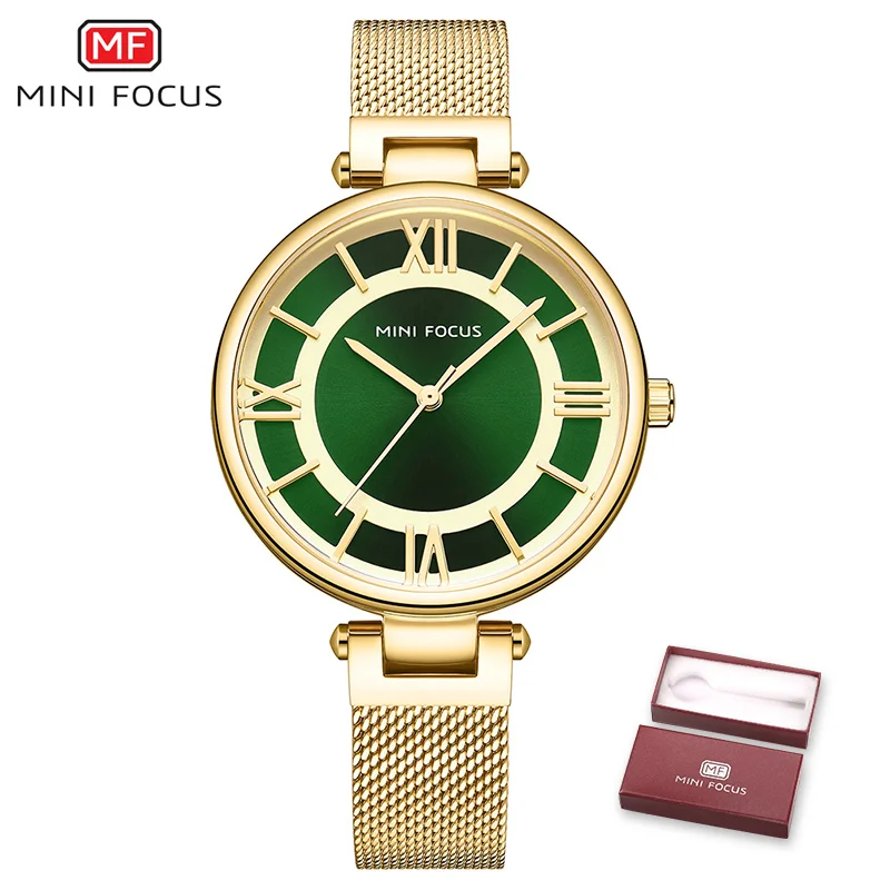 BOX GOLD GREEN MINIFOCUS Роскошные брендовые Золотые женские часы водонепроницаемые ультратонкие кварцевые часы с сетчатым ремешком простой дизайн, классические женские часы под платье - Цвет: BOX GOLD GREEN