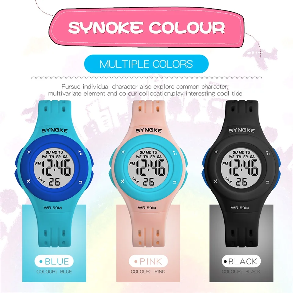 SYNOKE красочные светодиодные детские цифровые часы модные 5 бар водонепроницаемые спортивные часы для мальчиков и девочек с хронографом и будильником пластиковые детские часы