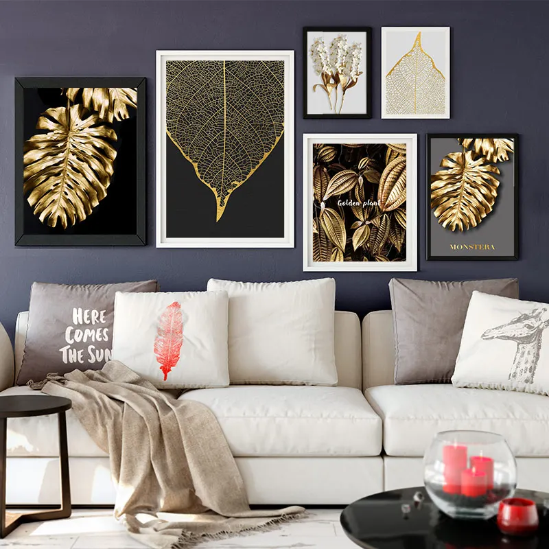 BANMU Golden Leaves Wall Poster Nordic Style Golden-Yellow Plants Artwork Home Decor Wall Art Canvas Painting Bedroom Decor