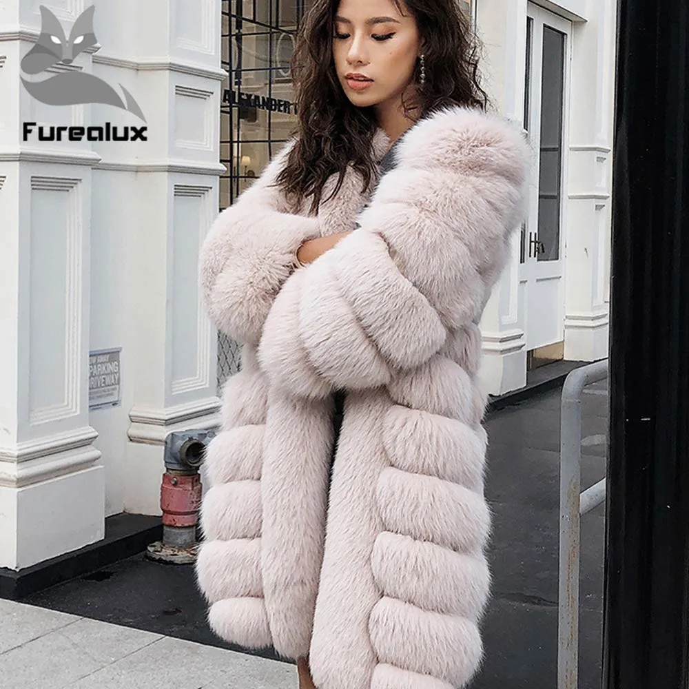 

Furealux Women Warm Real Fox Fur Coat Loose Winter Genuine Fur Jacket Fashion Luxury Outwear leather fox fur coat high quality