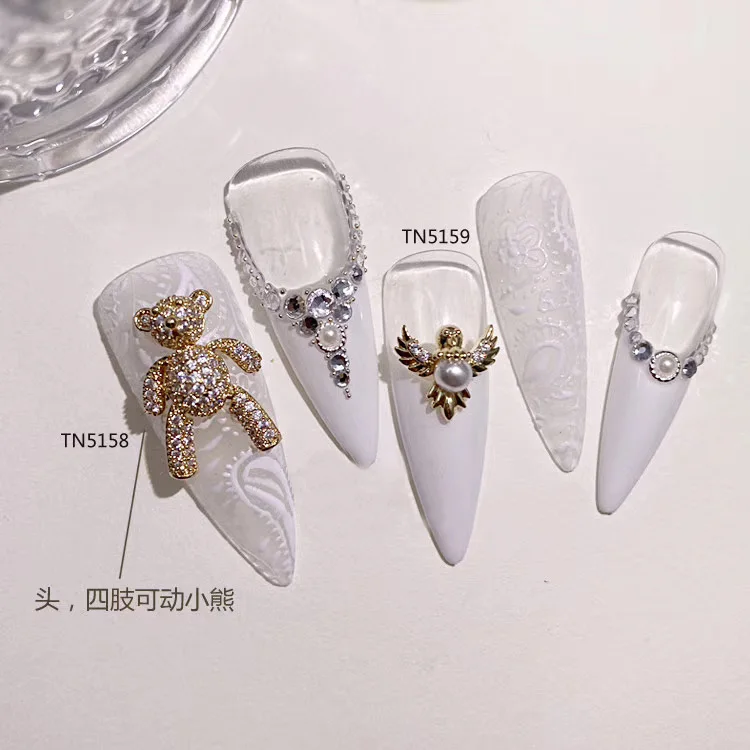 

5pcs gold wing bear Alloy pearl Zircon Nail Art Crystals nail jewelry Rhinestone nails accessories supplies decorations charms