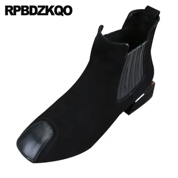 

Square Toe Fur Block Chelsea Boots Custom Suede Designer Shoes Women Luxury 2019 Chunky Black Brand Autumn Genuine Leather Ankle