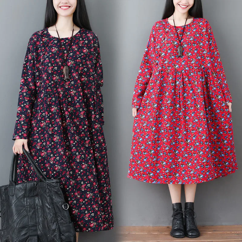 

2019 Spring Clothing High-waisted Literature And Art Large Size Fat Mm Long Sleeve Floral Skirt Cotton Linen New Style Loose-Fit