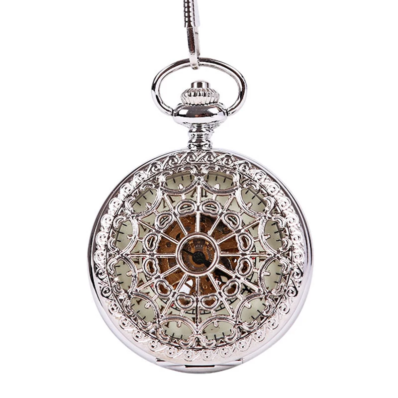 Silver Pocket Watch Rome Hollow Golden Dial Pendant Watch Mechanical Classic Hand Wind Fob Quality Fashion Gift