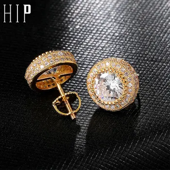 

Hip HOP 1Pair Iced Out Big Zircon Micro Full Paved Rhinestone CZ Stone Round Bling Stud Earring Copper Earrings For Men Jewelry