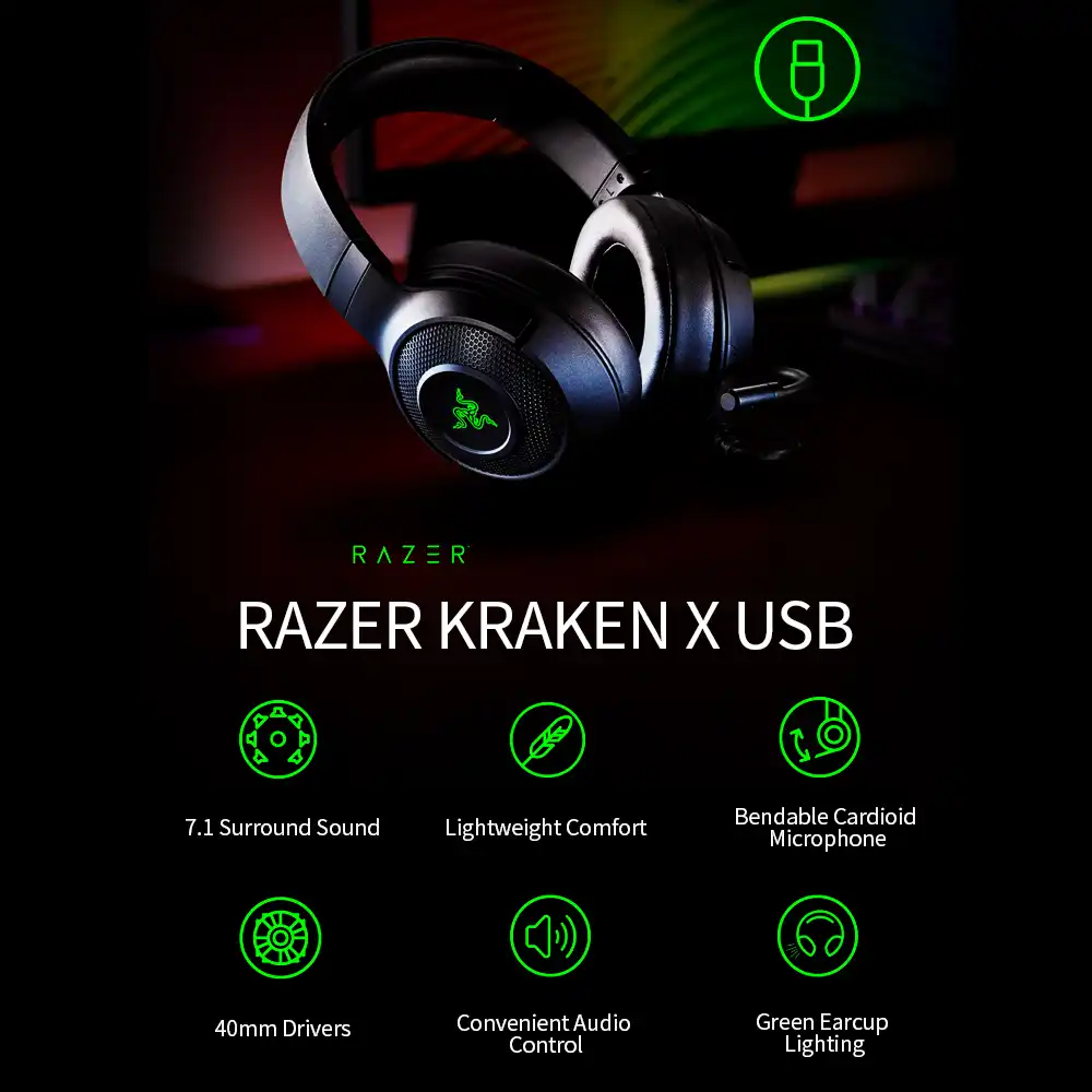 Razer Kraken X Usb Gaming Headset Earphone 7 1 Surround Sound Ultra Light Headphone Bendable Cardioid Microphone Gamer Earphone Headphone Headset Aliexpress