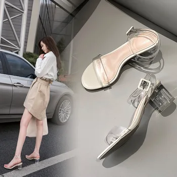 

2020 Summer Sandals Women Crystal Shoes Elegant Ladies High Heels Women Party Shoes Square Heel 5cm