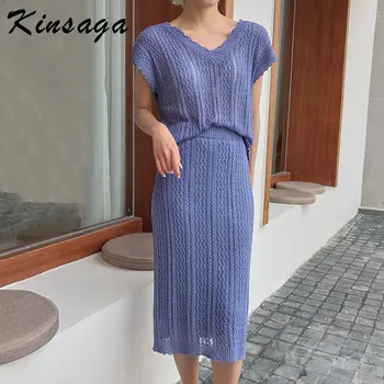 

Women Summer 2 Piece Set Hollow Out Sleeveless Knitting Tank Crop Tops+long Skirt Elegant Knitted Suits Casual Tracksuit Casacos