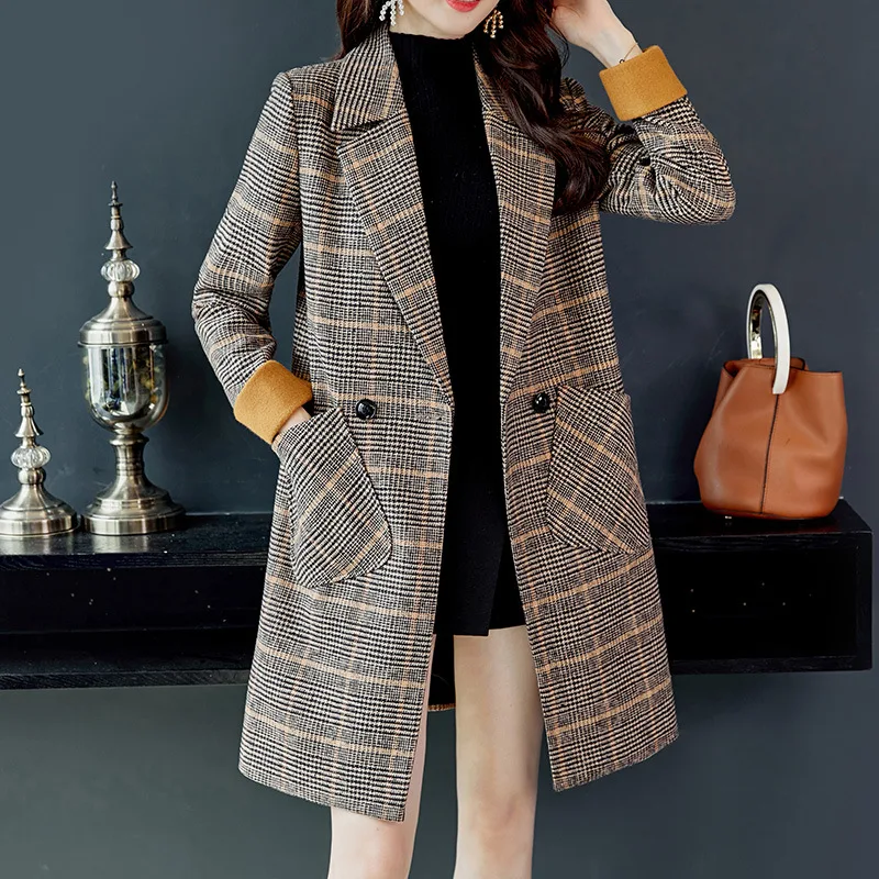 Модное винтажное клетчатое шерстяное Женское пальто с карманами осень зима офисная работа длинный рукав теплое тонкое женское длинное пальто с отворотом - Цвет: Light khaki