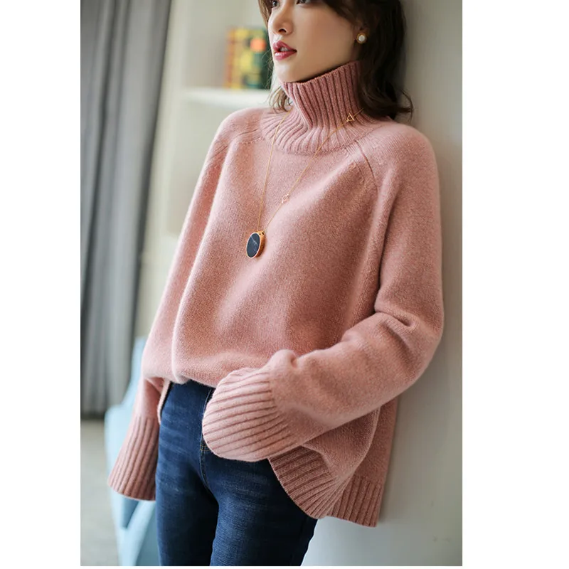 Autumn and winter thickened cashmere sweater women loose turtleneck loose large size solid color knit bottom 3