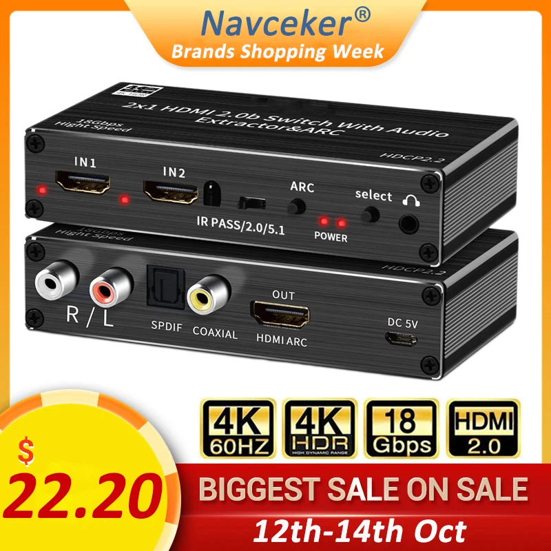 Mini 2x1 4K HDMI Switch Audio Extractor With ARC & Optical Toslink HDMI 2.0 Switch 4K 60Hz HDMI Switcher Remote For Apple TV PS4|HDMI Cables| - AliExpress