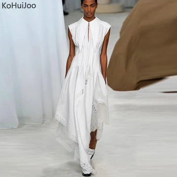 

KoHuiJoo Sleeveless Dress Women 2020 Summer Elegant High Street Runway Mid Long Maxi Shirt Dresses Lace Patchwork White Dress