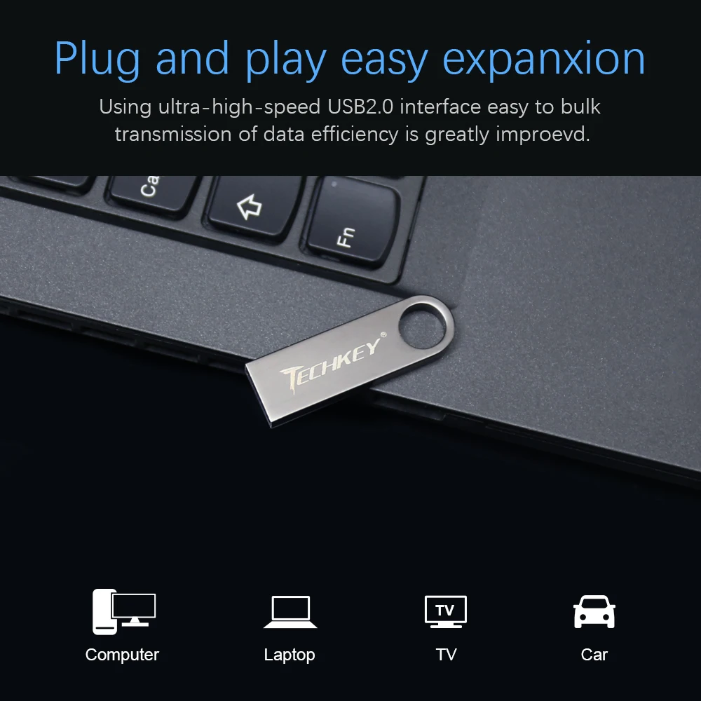TECHKEY-Pendrive USB 64GB, 32GB, 16GB, 8GB e 4GB, flash drive à prova d'água, memória u disk, prata, novo, presente