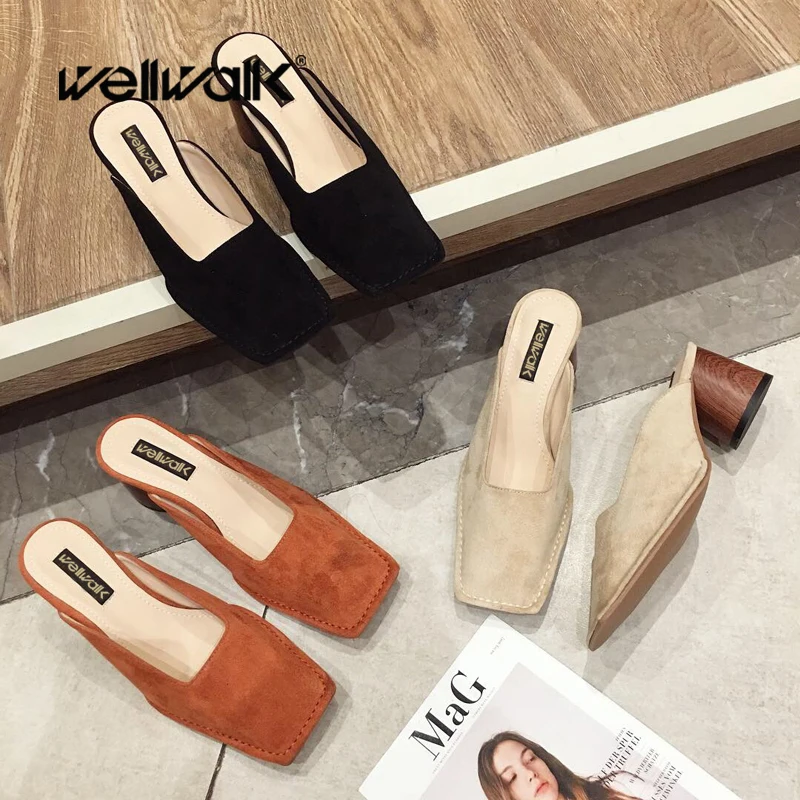 

Wellwalk Block Heel Shoes Women Heel Slippers Ladies Chunky Heel Mules Women High Slippers Female Square Toe Slides Women Shoes