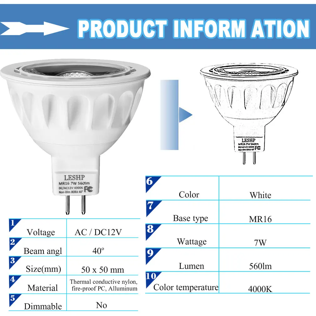 LESHP белый MR16 AC/DC12V 7W Светодиодный точечный светильник 4000K 560LM без затемнения 40 градусов угол луча компактный размер светильник вес