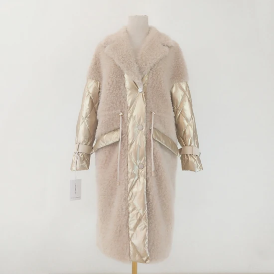 Розовое пальто для женщин зима Новое поступление х-длинная пуховая куртка Лоскутная парка из натурального овечьего меха с отложным воротником одежда толстая теплая - Цвет: golden