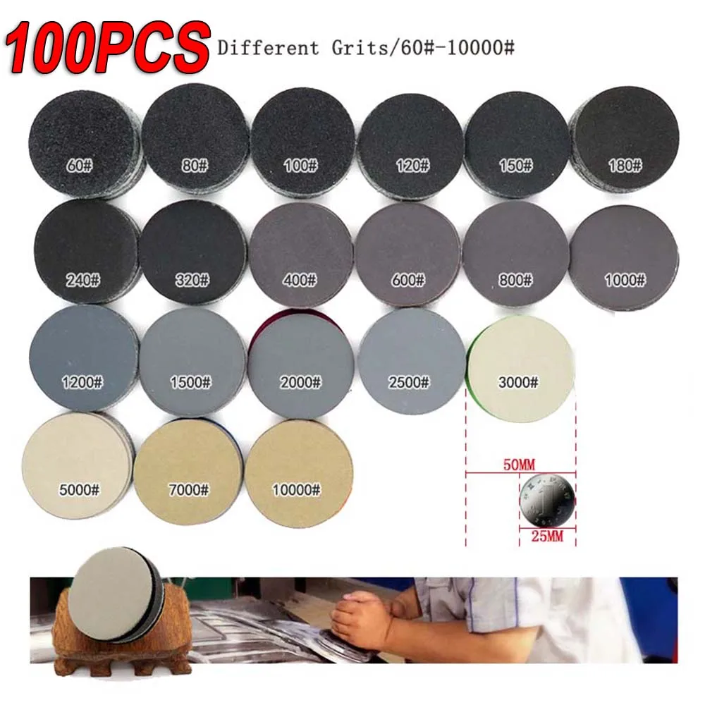 100Pcs 2 Inch Sanding Disc 50mm Wet& Dry Flocking Sandpaper 60-10000 Grit Waterproof And Oil- Proof