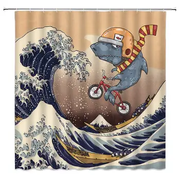 

Japanese Wave Shower Curtain Vintage Cartoon Shark Funny Animal， Classic Kanagawa Prefecture Big Wave Cycling on The Sea