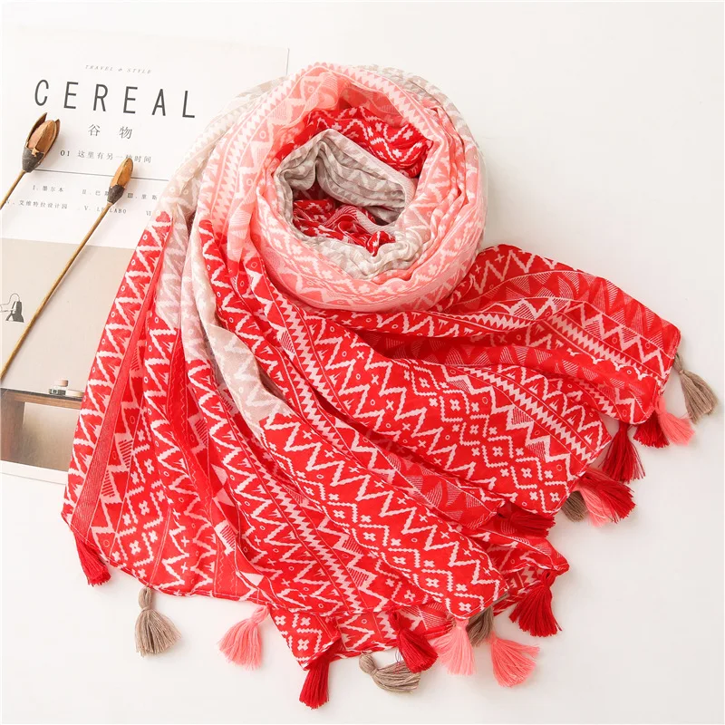 

2020 New Geometric Print Women Scarf Ombra Large Cotton Hijab Scarves Spring Autumn Ladies Shawls and Wraps Tassel Soft Turbans