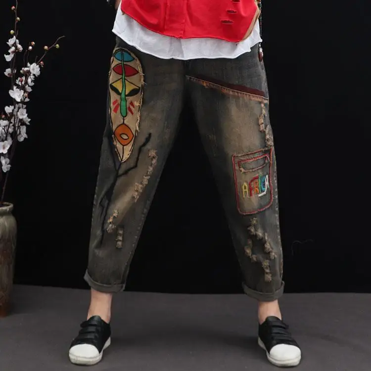 Personalized Character Patchwork Denim Harem Pants For Women National Vitnage Hole Ripped Jeans Woman Washed Embroidery Trousers
