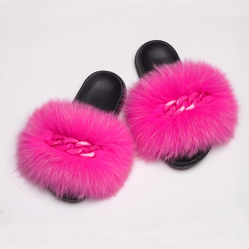 Real Fox Fur Slippers Fluffy Flip Flops Shiny Chain Plush Slippers Furry Fur Slides House Beach Flat Sandals Women Fashion Shoes
