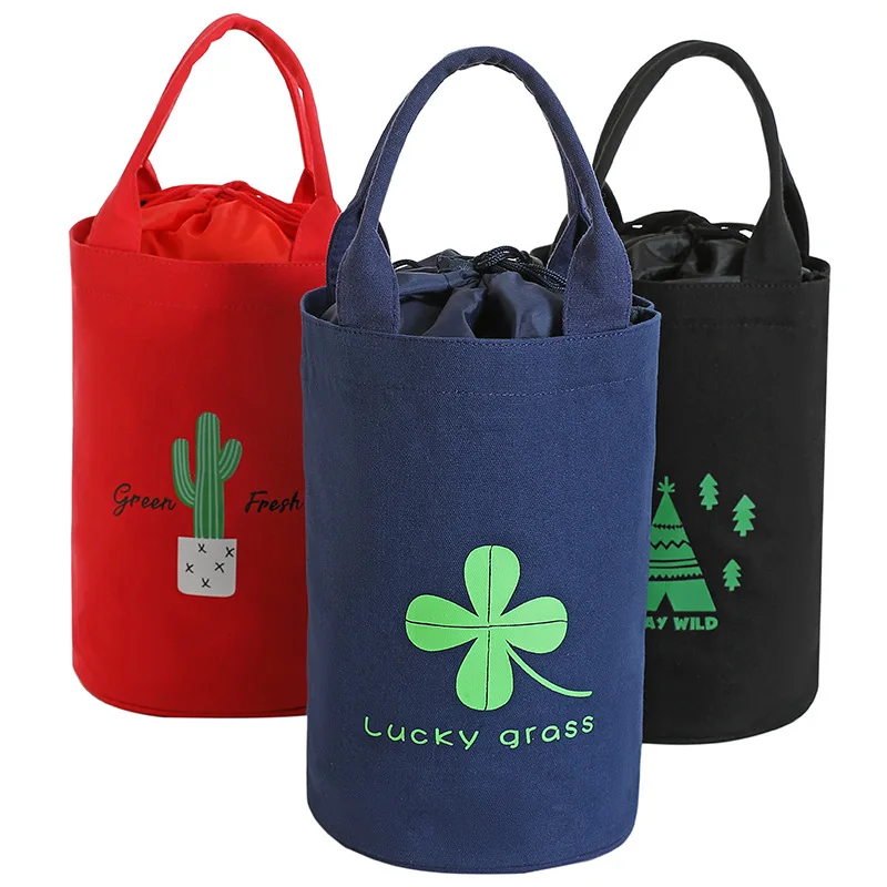 

New Style Canvas Hand Drawstring Bag Diaper Bag Lunch Bag Lunch Box Bag Circle round Barrel Rice inside with Glass Bit Zipper