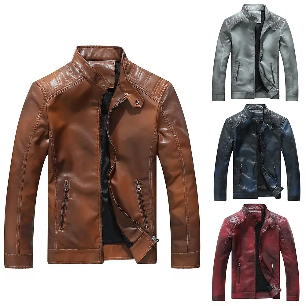 Men Jackets Stand Collar Gradient Color Zip Faux Leather Motorcycle Jacket Coat Outwear men jacket