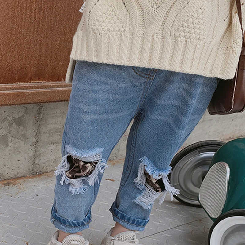 Calças de Brim Quebrado para o Bebê da Menina do Menino Keelorn Meninas Calças Crianças Rasgado Buraco Leopard 2020 Nova Primavera Jeans 3-7t 10 calças de brim 2020 nova primavera crianças