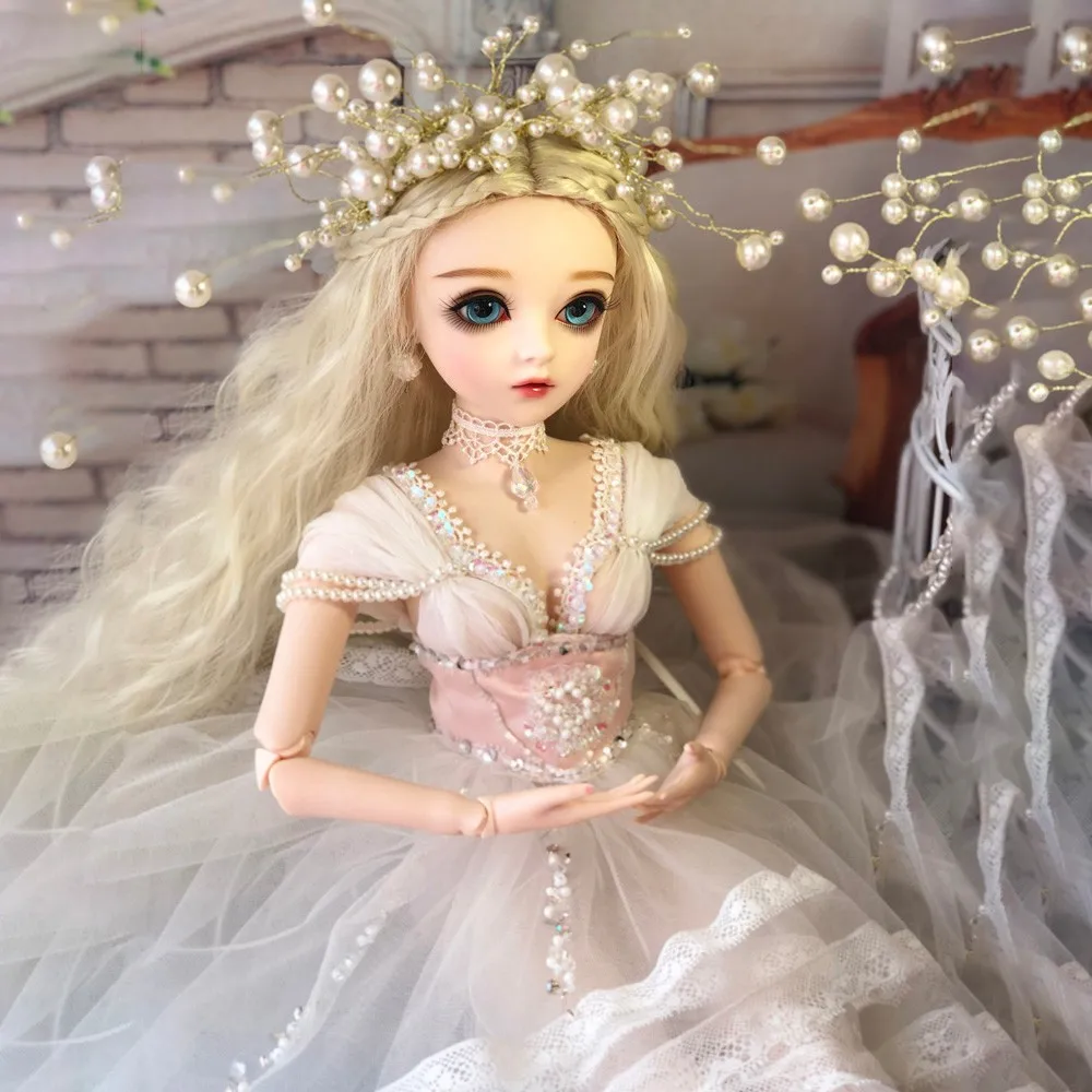 BJD 60 см куклы для девочек голубые глаза кукла-Невеста белое свадебное платье ручной работы красивые игрушки силиконовые длинные вьющиеся волосы кукла рождественский подарок - Цвет: Pearl headwear white