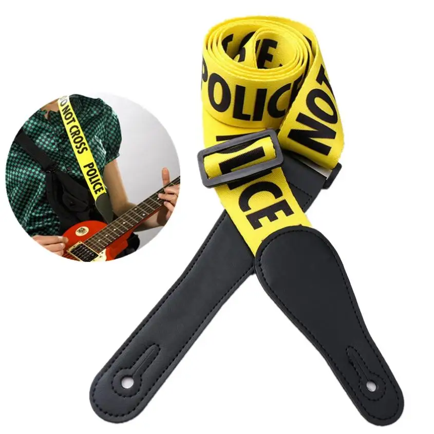 Adjustable Yellow Guitar Strap Police-Line Words Pattern with Genuine Leather Head for Acoustic Electric Bass Guitar