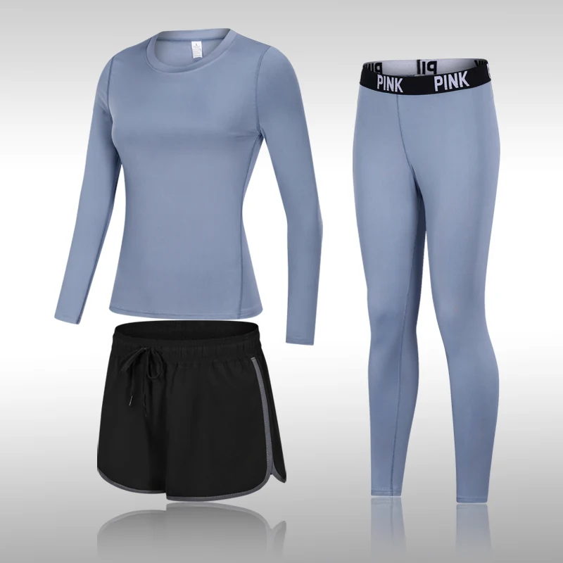 

3 шт. спортивный костюм для йоги бега фитнеса женский костюм с футболкой модный тонкий комплект для йоги одежда для тренажерного зала быстросохнущая Спортивная одежда для бега