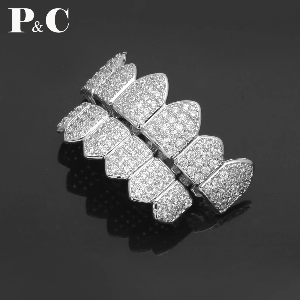 Hiphop grillz teeth Iced Out CZ Fang Mouth grills Caps Top &amp Bottom tooth Set Men Women Vampire Grills punk Jewelry | Украшения и