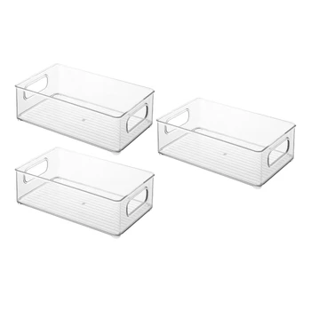 

3 Pack Plastic Kitchen Pantry Cabinet,Refrigerator or Freezer Food Storage Bins,Organizer for Fruit,Snacks,10 Inch Long