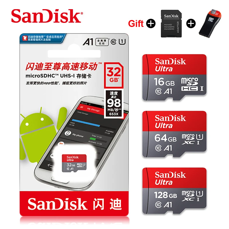 

SanDisk Micro SD Card 16G 32G 64G 128G C10 U1 A1 Memory Card Micro Card for Phone Computer SDXC SDHC speed up 98M/s adapter