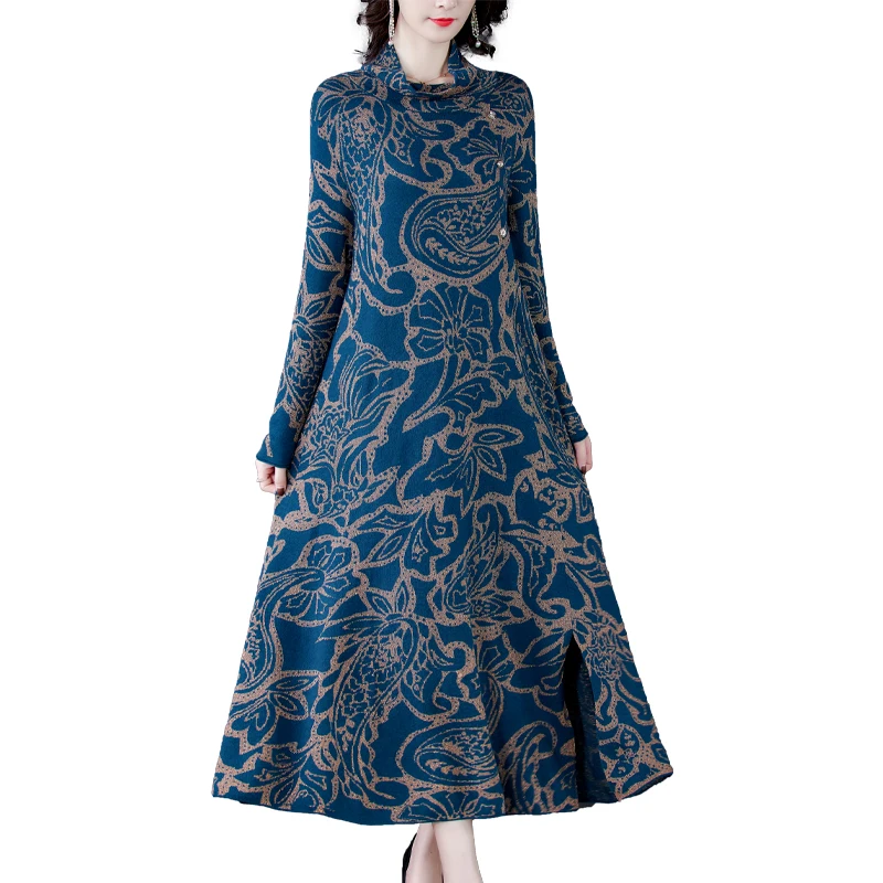 Blue Print 3XL Plus Size Turtleneck Wool Sweater Dress 2020 Autumn Winter Vintage Casual Knitted Sweaters Elegant Women Vestido